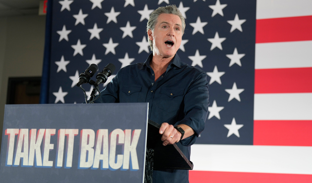 FILE - California Gov. Gavin Newsom speaks during a rally with Harris County Democrats at the IBEW local 716 union hall on Saturday, Nov. 8, 2025, in Houston. (AP Photo/Karen Warren, File)