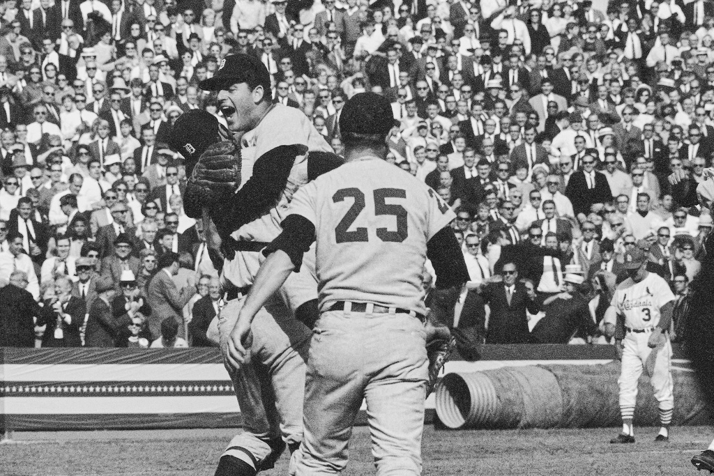 Detroit Tigers catcher Bill Freehan and pitcher Mickey Lolich off his feet as he screams with joy, after defeating the St. Louis Cardinals 4-1 in the final game of the World Series on Wednesday, Oct. 10, 1968 at Busch Stadium in St. Louis. Joining the celebration is Norm Cash (25). Lolich became the twelfth pitcher to win three games in the World Series. (AP Photo)