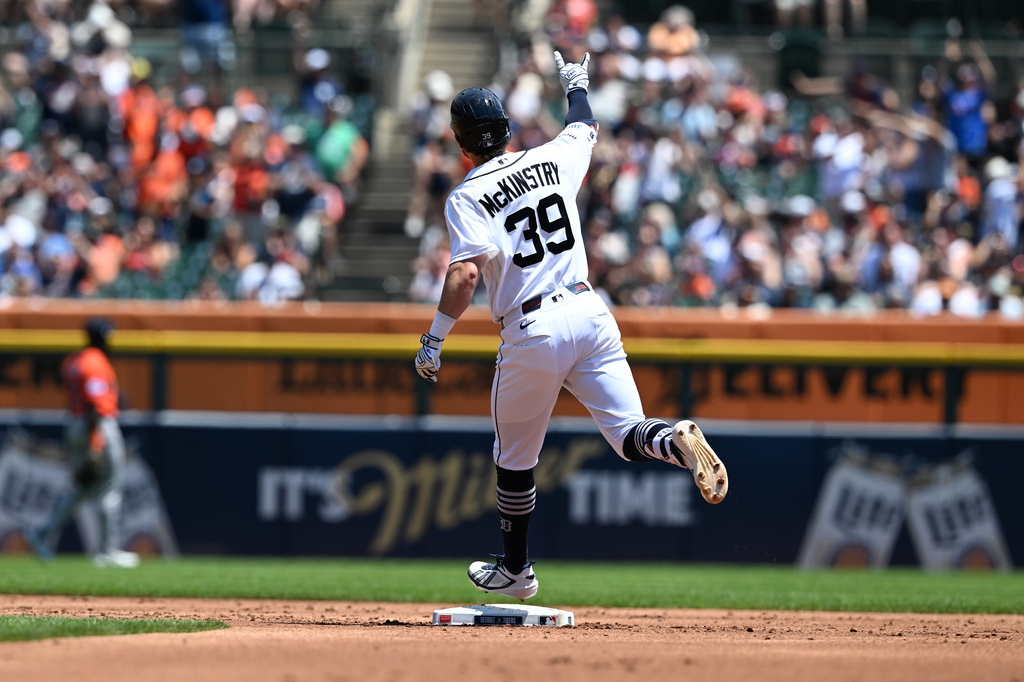 Detroit Tigers' Zach McKinstry celebrates as he rounds the bases after hitting a two-run home run against the Houston Astros in the second inning of a baseball game, Sunday, June 28, 2026, in Detroit. (AP Photo/Lon Horwedel)