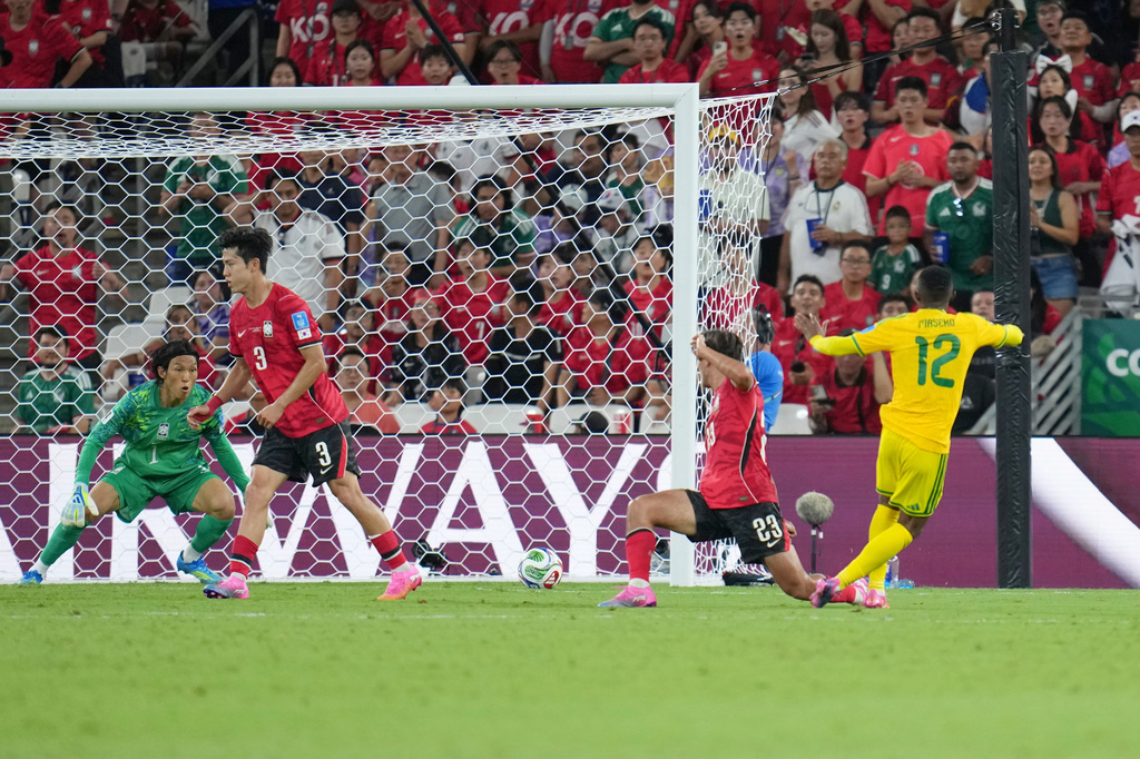 South Africa's Thapelo Maseko (12) scores the opening goal during the World Cup Group A soccer match between South Africa and South Korea in Guadalupe, near Monterrey, Mexico, Wednesday, June 24, 2026. (AP Photo/Matias Delacroix)