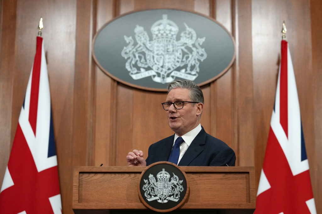 Britain's Prime Minister Keir Starmer speaks during a press conference at Downing Street in London, Wednesday, April 1, 2026. (AP Photo/Frank Augstein, Pool)