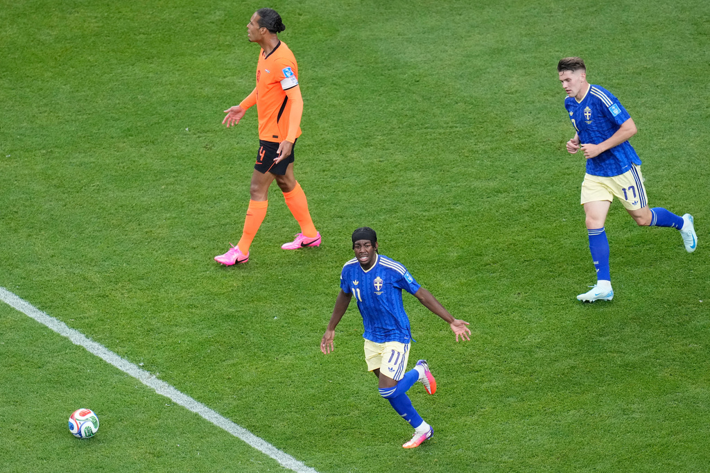 Sweden's Anthony Elanga celebrates after scoring their first goal during the World Cup Group F soccer match between the Netherlands and Sweden in Houston, Saturday, June 20, 2026. (AP Photo/Karen Warren)
