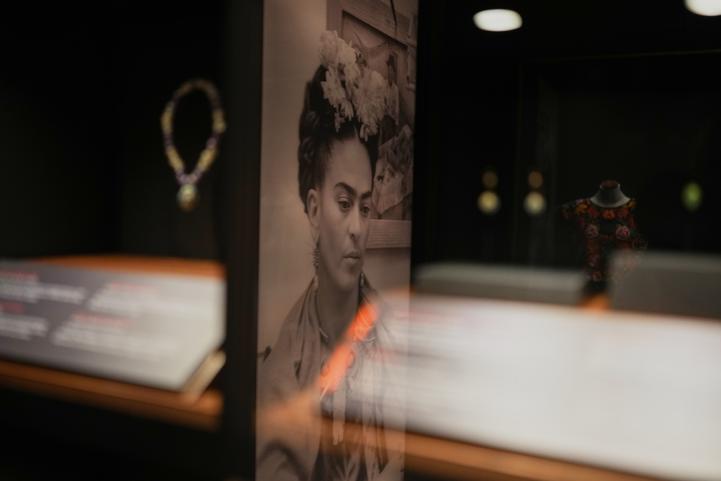 FILE - A portrait of Frida Kahlo by Mexican photographer Wallace Marly is displayed in the new museum Casa Kahlo in Mexico City, Sept. 10, 2025. (AP Photo/Eduardo Verdugo)