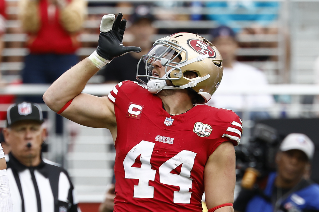 FILE - San Francisco 49ers fullback Kyle Juszczyk gestures after a play against the Miami Dolphins during the second half an NFL football game in Santa Clara, Calif., Sept. 20, 2026. (AP Photo/Kelley L Cox, File)