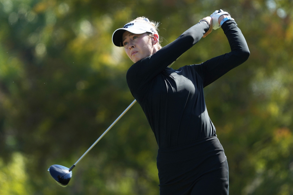Nelly Korda hits from the third tee during the third round of the LPGA Tour Championship golf tournament, Saturday, Nov. 22, 2025, in Naples, Fla. (AP Photo/Marta Lavandier)