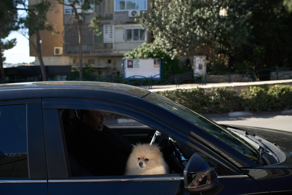 A man sits in his car as he waits to take shelter with his dog at the entrance of an underground parking lot after a warning sound following an Israeli strike in Iran, on a street in Haifa, northern Israel, Saturday, Feb. 28, 2026. (AP Photo/Leo Correa)