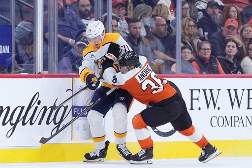Nashville Predators' Matthew Wood, left, and Philadelphia Flyers' Emil Andrae collide during the third period of an NHL hockey game Thursday, Oct. 30, 2025, in Philadelphia. (AP Photo/Matt Slocum) Nashville Predators' Matthew Wood, left, and Philadelphia Flyers' Emil Andrae collide during the third period of an NHL hockey game Thursday, Oct. 30, 2025, in Philadelphia. (AP Photo/Matt Slocum)
