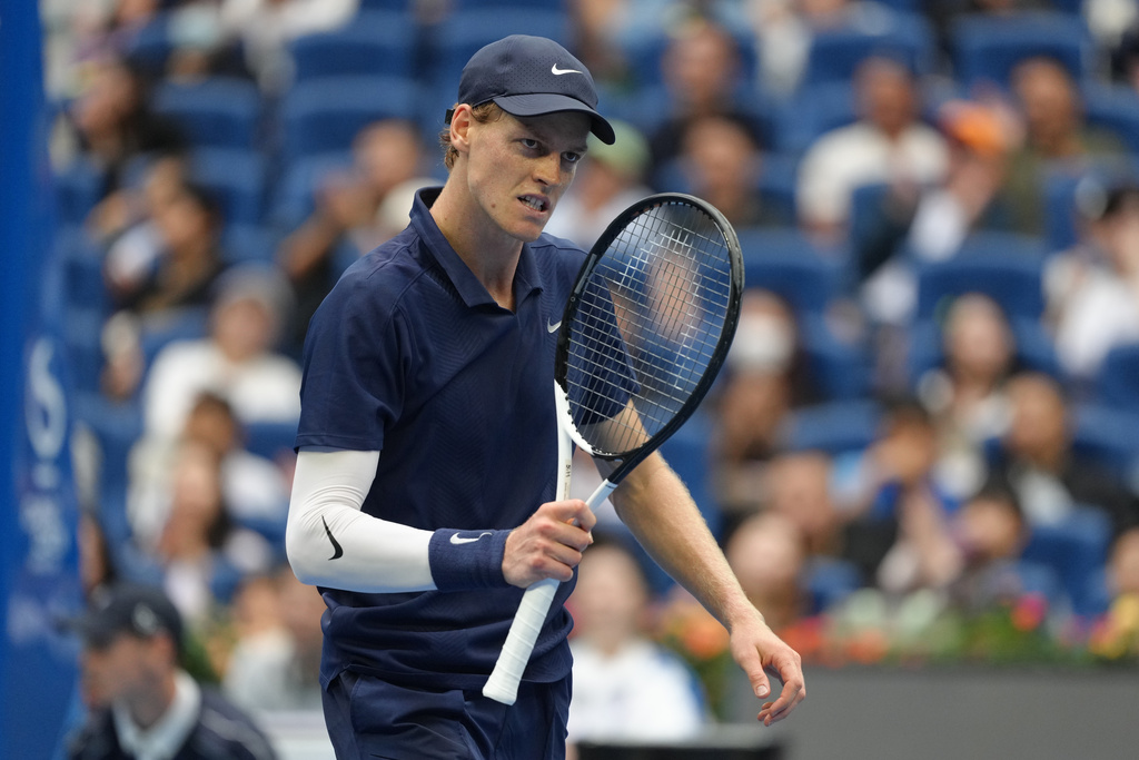 Jannik Sinner, of Italy reacts after scoring a break point against Terence Atmane, of France during the men's singles match for the China Open tennis tournament, at the National Tennis Center, in Beijing, Saturday, Sept. 27, 2025. (AP Photo/Andy Wong)
