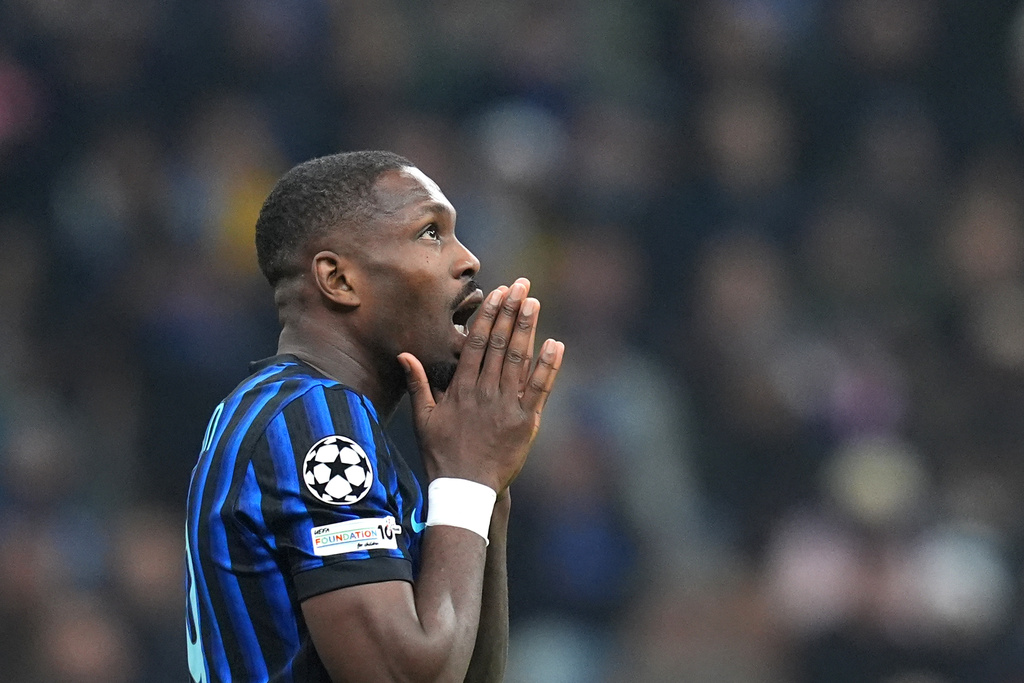 Inter Milan's Marcus Thuram reacts during the Champions League soccer match between Inter Milan and Bodø/Glimt, Tuesday, Feb. 24 , 2026 ,in Milan, Italy (Spada/LaPresse via AP)