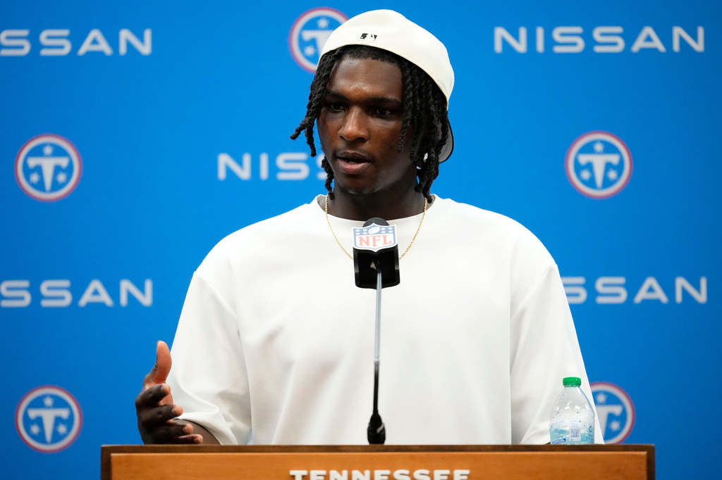 Tennessee Titans quarterback Cam Ward speaks during a news conference after an NFL football game against the Philadelphia Eagles, Sunday, Sept. 20, 2026, in Nashville, Tenn.(AP Photo/George Walker IV)