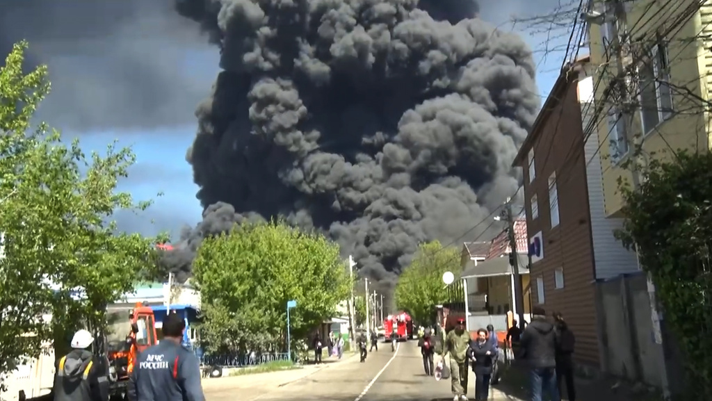 FILE - In this image taken from video released by Gov. Veniamin Kondratyev's Telegram channel, smoke rises after a drone attack on the oil refinery and terminal in Tuapse, Russia, Wednesday, April 29, 2026. (Gov. Veniamin Kondratyev Telegram channel via AP, File)