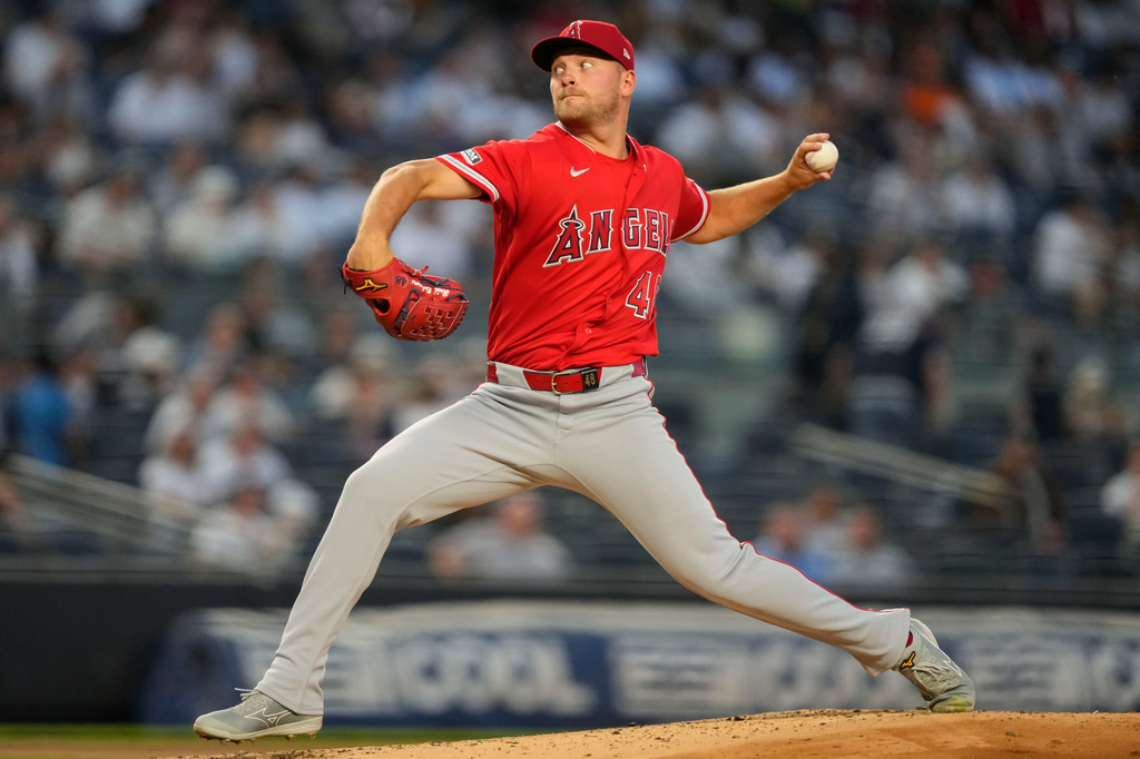 Los Angeles Angels pitcher Reid Detmers (48) throws during the first inning of a baseball game against the New York Yankees, Tuesday, April 14, 2026, in New York. (AP Photo/Yuki Iwamura)