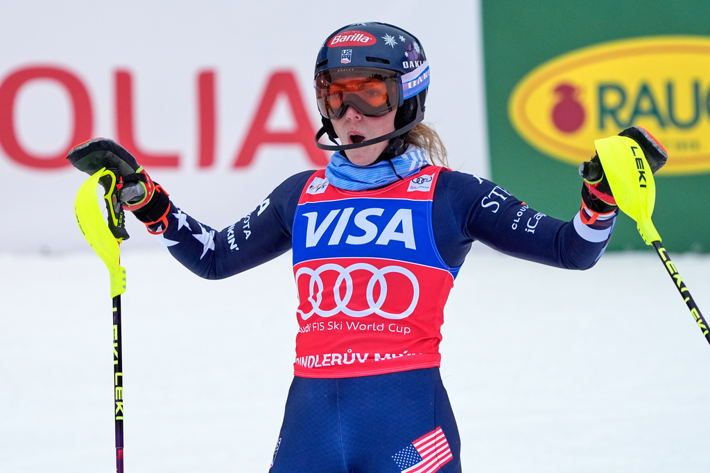 United States' Mikaela Shiffrin reacts after winning an alpine ski, women's World Cup slalom, in Spindleruv Mlyn, Czech Republic, Sunday, Jan. 25, 2026. (AP Photo/Giovanni Auletta)