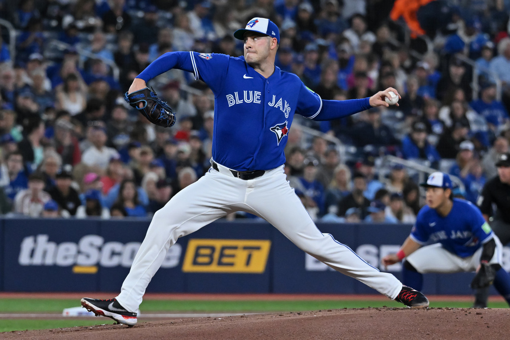 Toronto Blue Jays starting pitcher Patrick Corbin (46) throws to a Cleveland Guardians batter in first inning of a baseball game, in Toronto, Sunday, April 26, 2026. (Jon Blacker/The Canadian Press via AP)