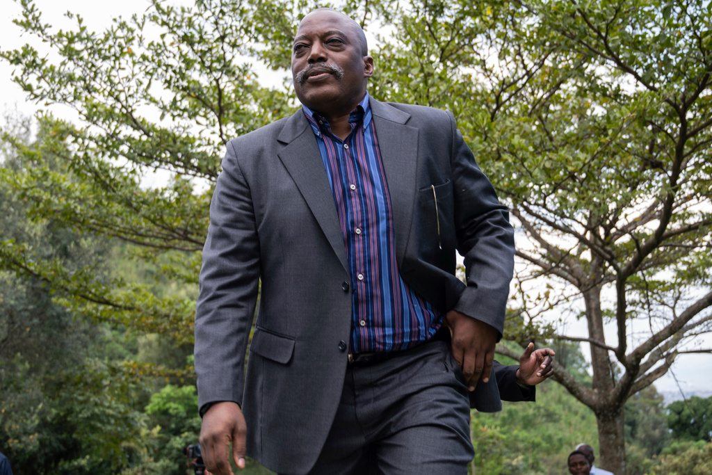 FILE - Former Democratic Republic of the Congo President Joseph Kabila arrives to meet with religious leaders at his Kinyogote residence in M23 controlled Goma, Eastern Congo, May 29, 2025. (AP Photo/Moses Sawasawa, File)