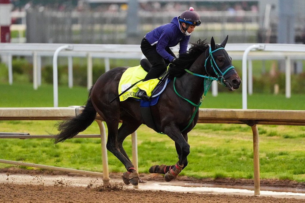 Kentucky Derby entrant Danon Bourbon works out at Churchill Downs Tuesday, April 28, 2026, in Louisville, Ky. (AP Photo/Charlie Riedel)