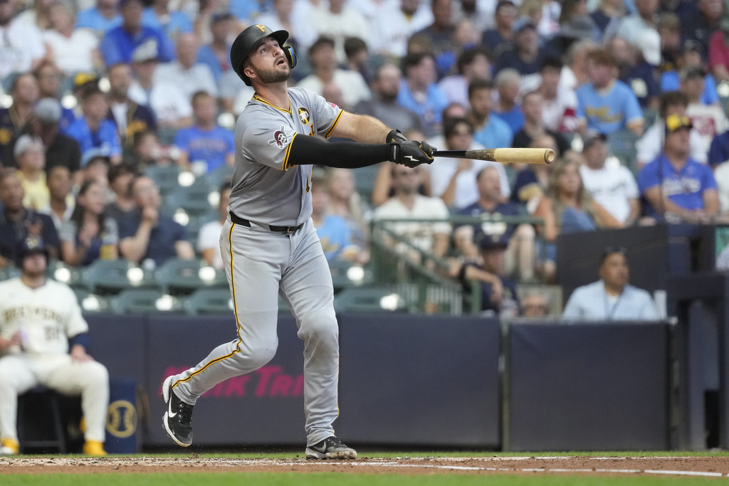 Pittsburgh Pirates' Joey Bart hits a solo home run during the third inning of a baseball game against the Milwaukee Brewers, Monday, Aug. 11, 2025, in Milwaukee. (AP Photo/Aaron Gash)