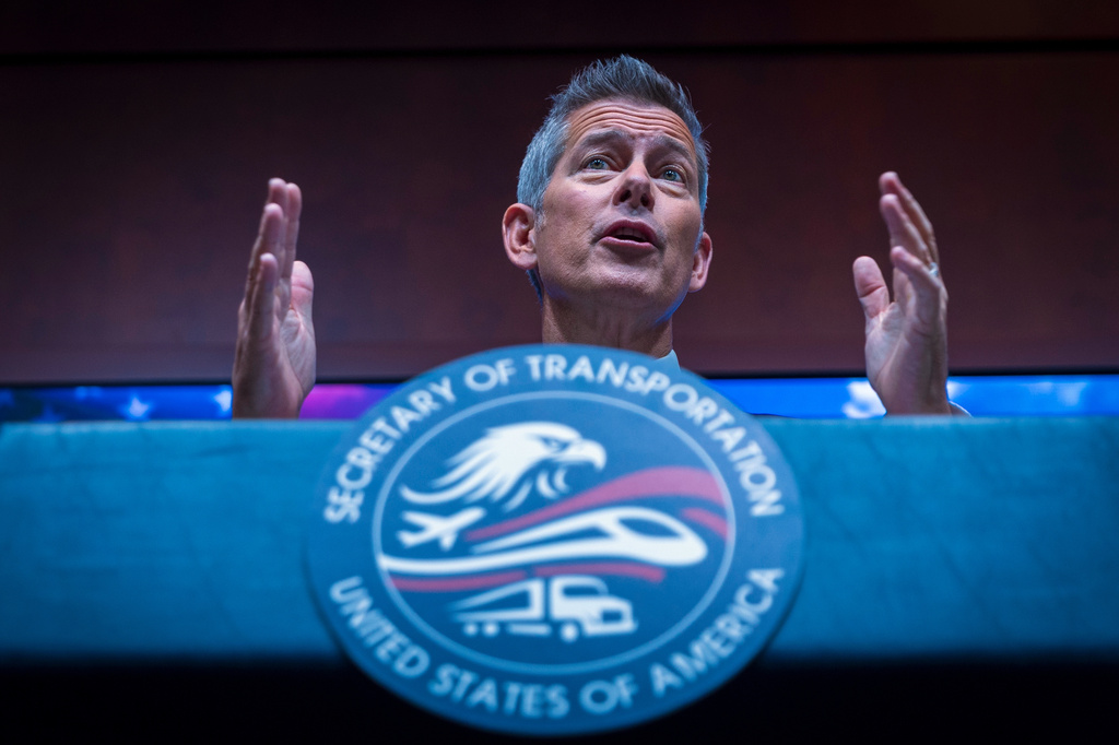 U.S. Department of Transportation Secretary Sean Duffy speaks during a news conference on enhancing truck driving safety at the U.S. Department of Transportation on Friday, Feb. 20, 2026, in Washington. (AP Photo/Tom Brenner)