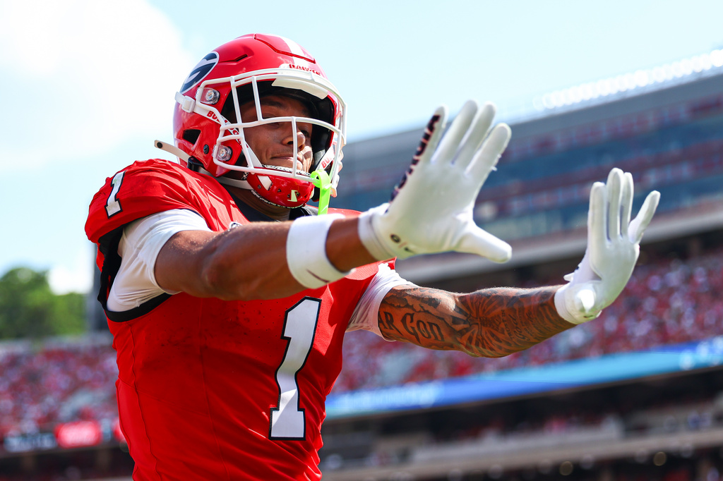 Georgia wide receiver Talyn Taylor reacts after scoring a touchdown during the first half of an NCAA college football game against Tennessee State, Saturday, Sept. 5, 2026, in Athens, Ga. (AP Photo/Colin Hubbard)