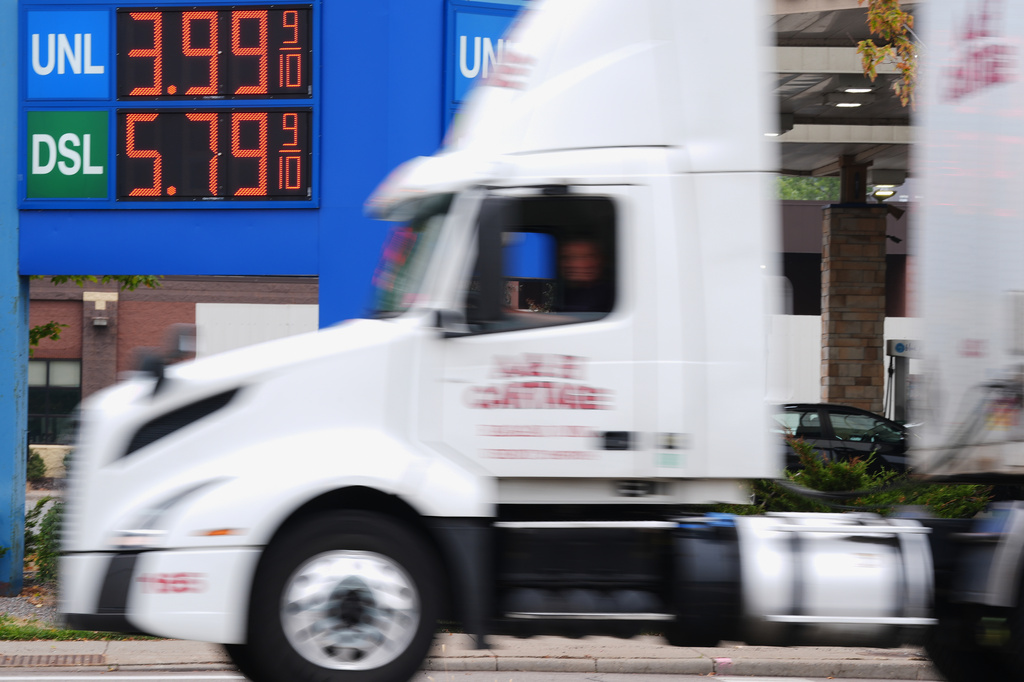 FILE - Diesel prices are displayed at a gas station as prices hit a record high in the U.S., Friday, Sept. 4, 2026 in Minneapolis. (AP Photo/Ellen Schmidt, File)