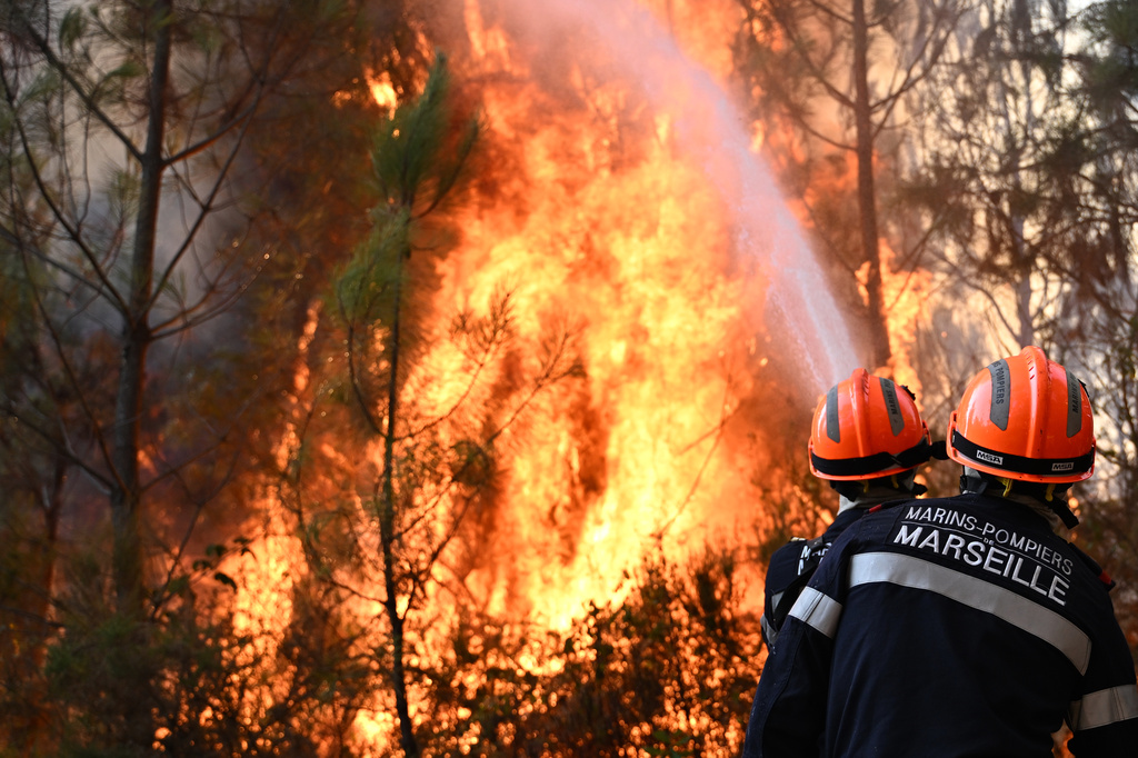 Firefighters work to extinguish a fire in the forest near Blagon, during wildfires in southwestern France, Wednesday, July 29, 2026. (AP Photo/Emma Da Silva)