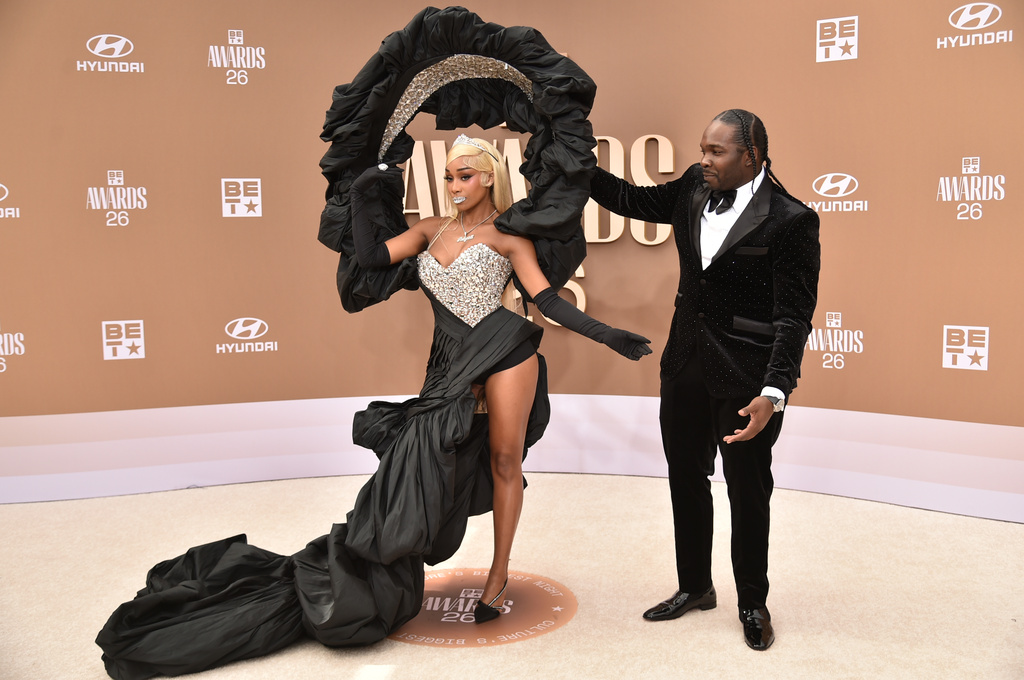 Pinkydoll, left, arrives at the BET Awards on Sunday, June 28, 2026, at the Peacock Theater in Los Angeles. (Photo by Richard Shotwell/Invision/AP)