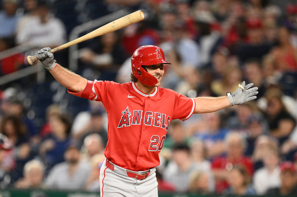 Los Angeles Angels' Adam Frazier gestures during his at bat in the third inning of a baseball game against the Washington Nationals, Friday, Sept. 11, 2026, in Washington. (AP Photo/Nick Wass)