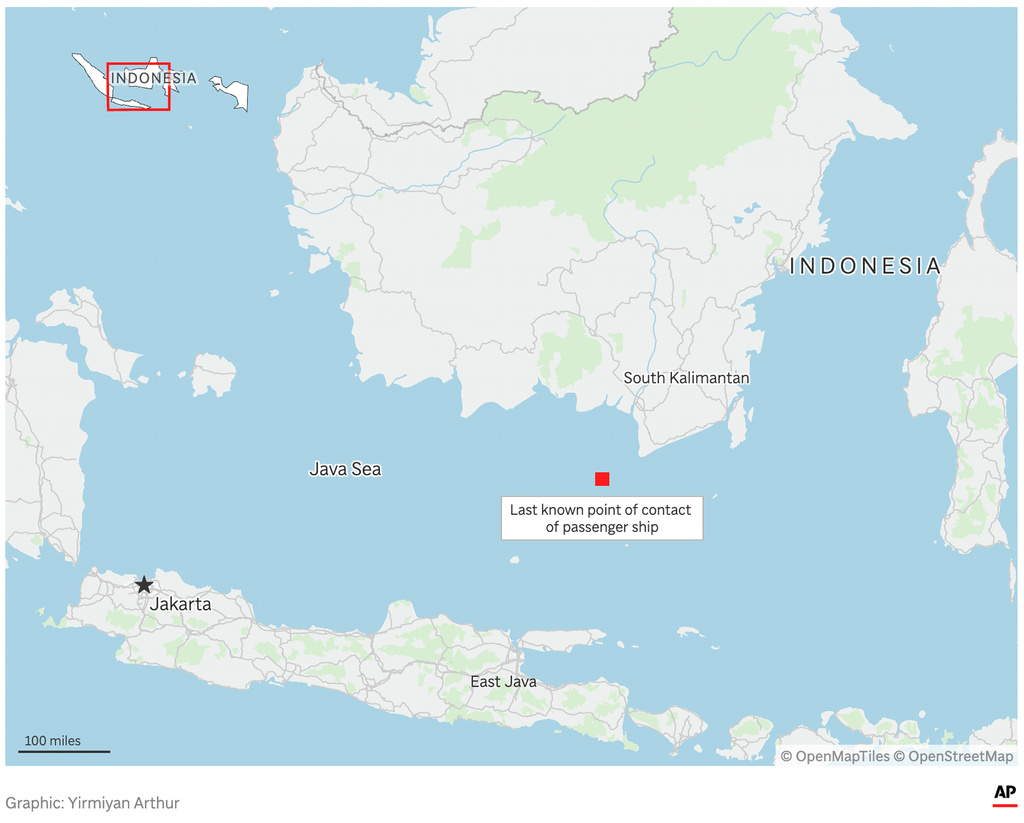 A map showing the last known point of contact of a passenger ship carrying more than 240 people in the Java Sea, that went missing while traveling from East Java to South Kalimantan on Borneo island. (AP Digital Embed)
