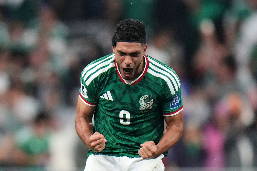 Mexico's Raul Jimenez celebrates after scoring his side's second goalduring the World Cup round of 32 soccer match between Mexico and Ecuador in Mexico City, Tuesday, June 30, 2026. (AP Photo/Eduardo Verdugo)