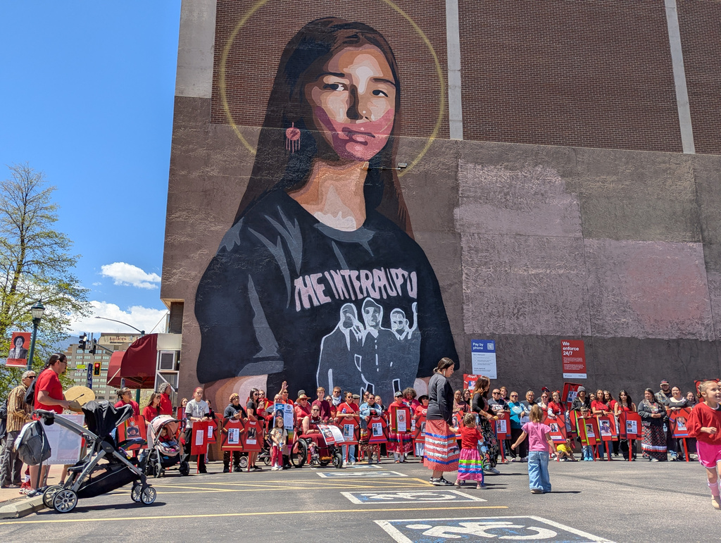 Indigenous people and others gather in Colorado Springs, Colo., on Saturday, May 2, 2026, to raise awareness about Indigenous relatives who have gone missing or who have been killed. (Nancy Marie Spears/The Imprint via AP)