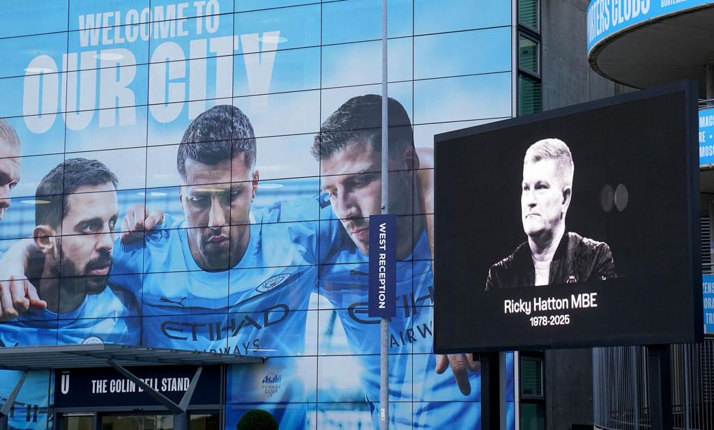 A view of a tribute at the Etihad Stadium, as a funeral service is taking place for Ricky Hatton at Manchester Cathedral in Manchester, England, Friday, Oct. 10, 2025. (Owen Humphreys/PA via AP)