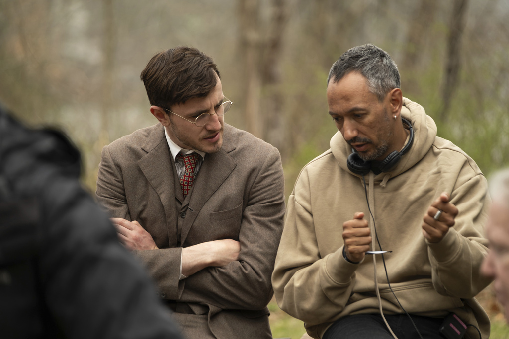 This image released by Mubi shows Josh O'Connor, left, and director Oliver Hermanus on the set of "The History of Sound." (Mubi via AP)