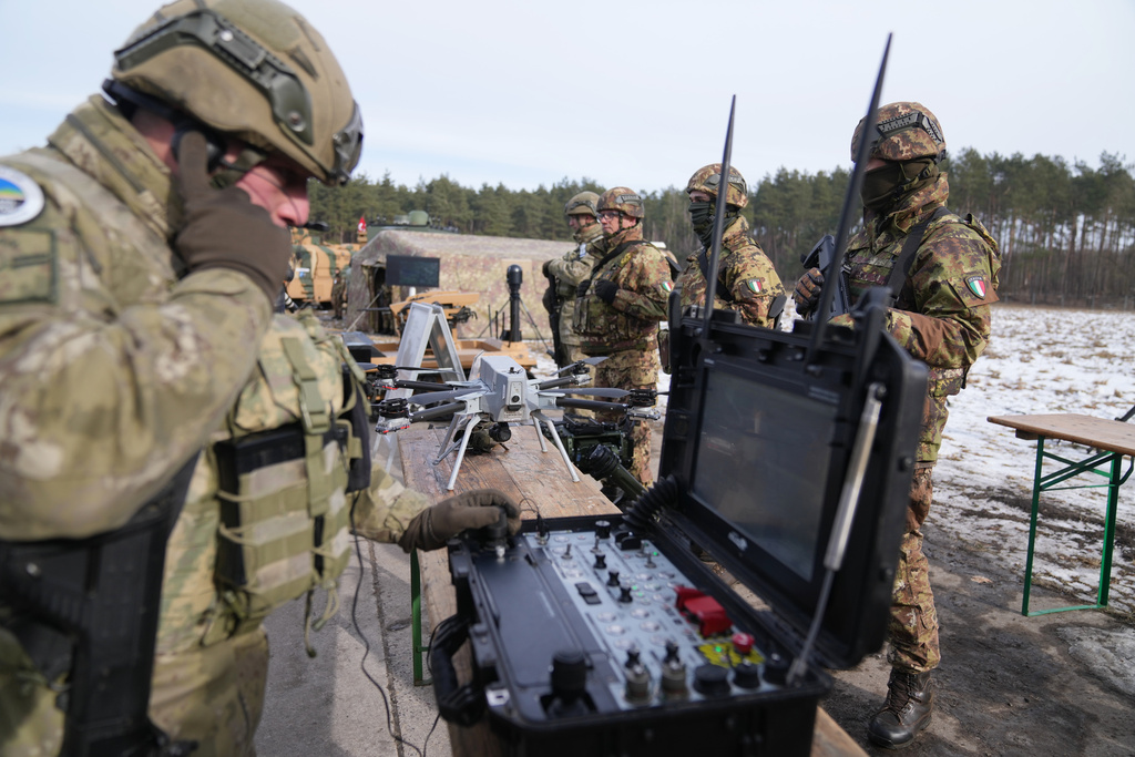 A soldier prepares to pilot an SR-X4 drone during a static display as part of NATO led military exercises at a military base near Bergen, Germany, Thursday, Feb. 19, 2026. (AP Photo/Virginia Mayo)