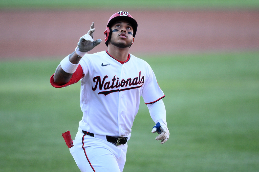 Washington Nationals' Jorbit Vivas celebrates his home run during the second inning of a baseball game against the Philadelphia Phillies, Wednesday, June 24, 2026, in Washington. (AP Photo/Nick Wass)