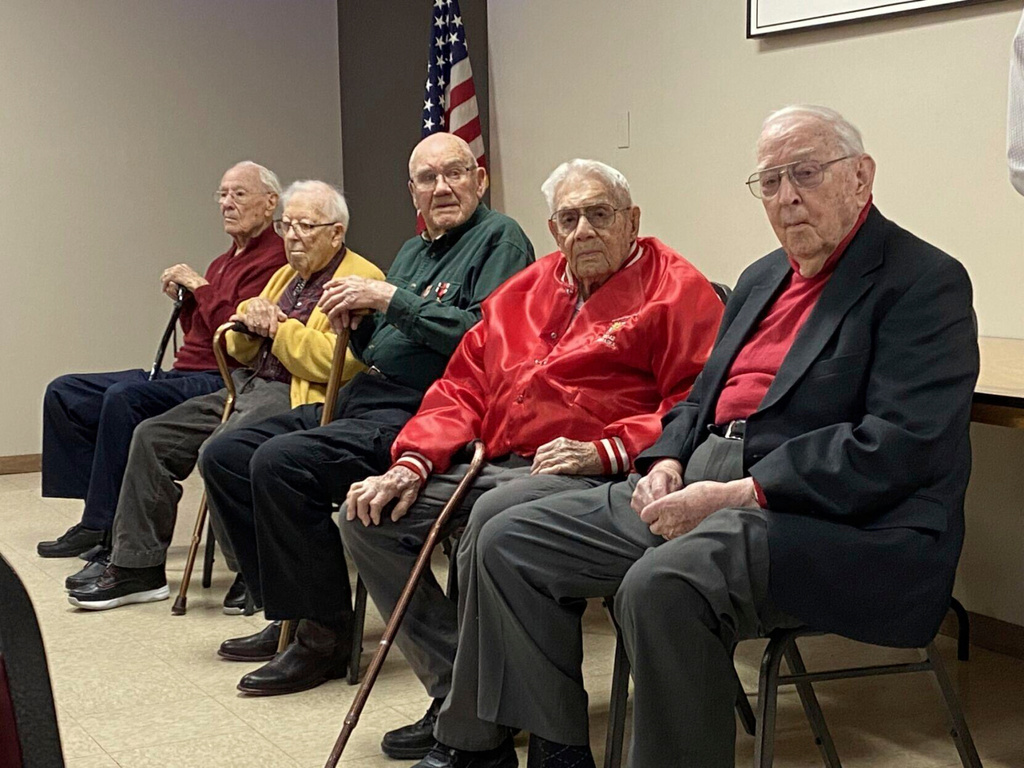 World War II veterans (from left) Orval Legget, Frank Smith, Keith Goman, Donald McPherson and Donavan Diller received 80 Years of Victory medals Friday at the Veterans Club. (Christina Lyons/Beatrice Daily Sun via AP)