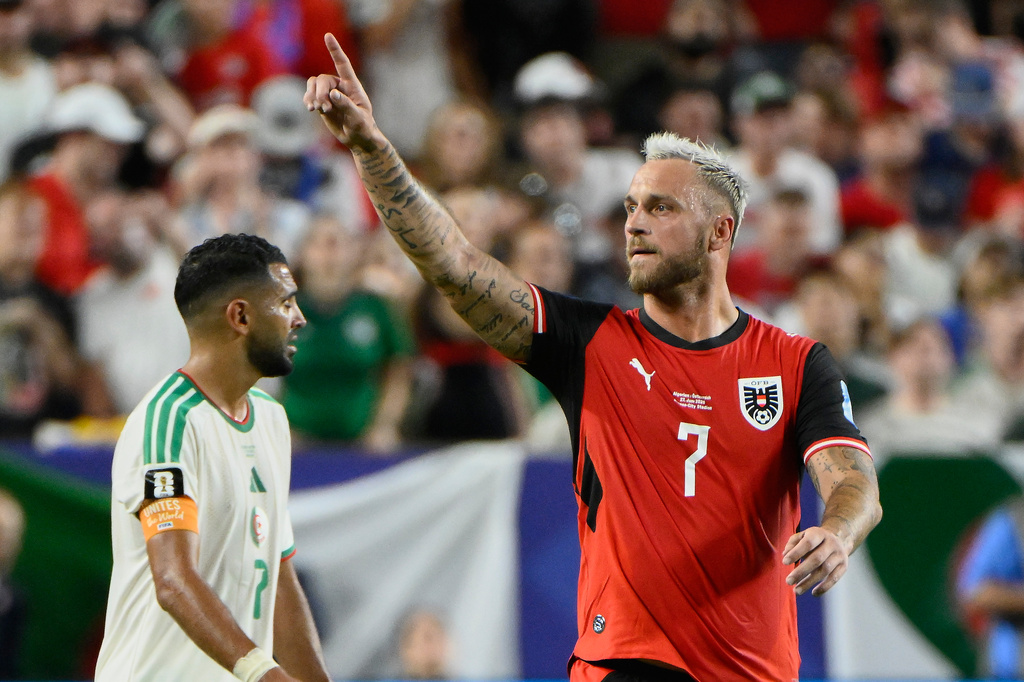 Austria's Marko Arnautovic (7) celebrates his team's first goal during the World Cup Group J soccer match between Algeria and Austria in Kansas City, Mo., Saturday, June 27, 2026. (AP Photo/Reed Hoffmann)