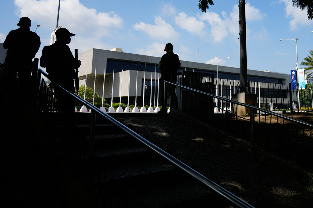 Police patrol outside the venue of the 59th ASEAN Foreign Ministers' Meeting, Post-Ministerial Conferences, and the 50th Anniversary of the Treaty of Amity and Cooperation in Southeast Asia on Monday, July 20, 2026, in Manila, Philippines. (AP Photo/Aaron Favila)