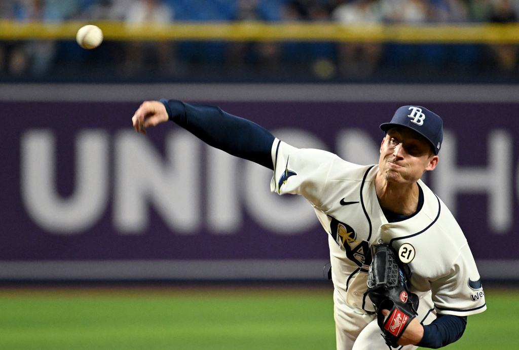 Tampa Bay Rays pitcher Griffin Jax throws during the fourth inning of a baseball game against the Athletics Tuesday, Sept. 15, 2026, in St. Petersburg, Fla. (AP Photo/Jason Behnken)
