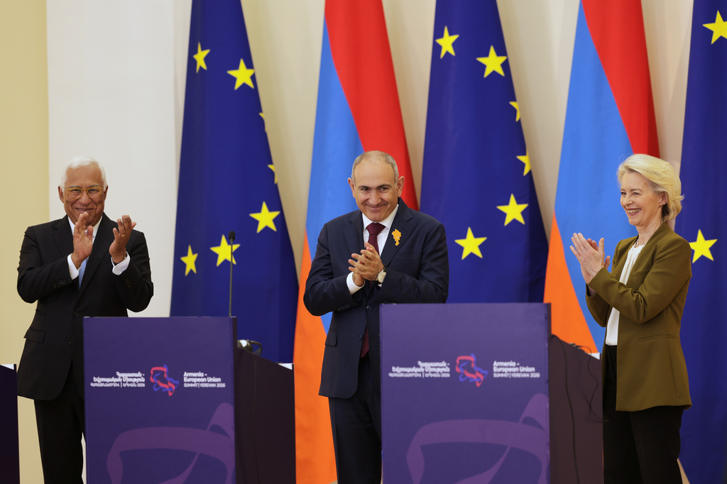 From left, European Council President Antonio Costa, Armenia's Prime Minister Nikol Pashinyan and European Commission President Ursula von der Leyen at the conclusion of a media conference during the EU-Armenia summit at the Presidential Palace in Yerevan, Armenia, Tuesday, May 5, 2026. (AP Photo/Anthony Pizzoferrato)