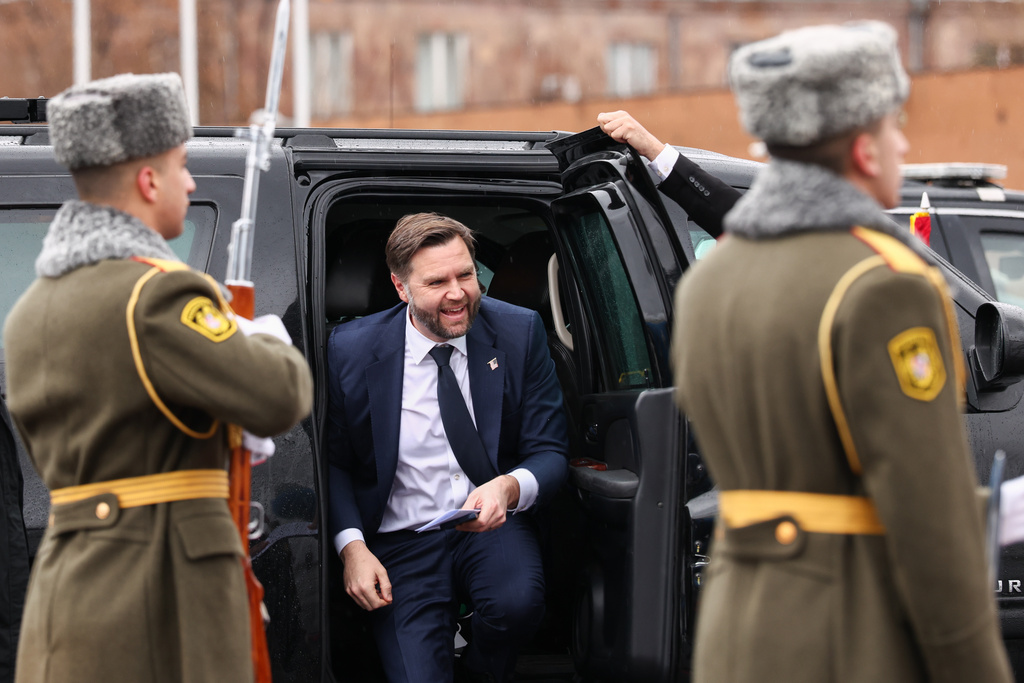 U.S. Vice President J.D. Vance gets out of a car before boarding Air Force Two upon departure for Azerbaijan, at Zvartnots International Airport in Yerevan, Armenia, Tuesday Feb. 10, 2026. (Kevin Lamarque/Pool Photo via AP)