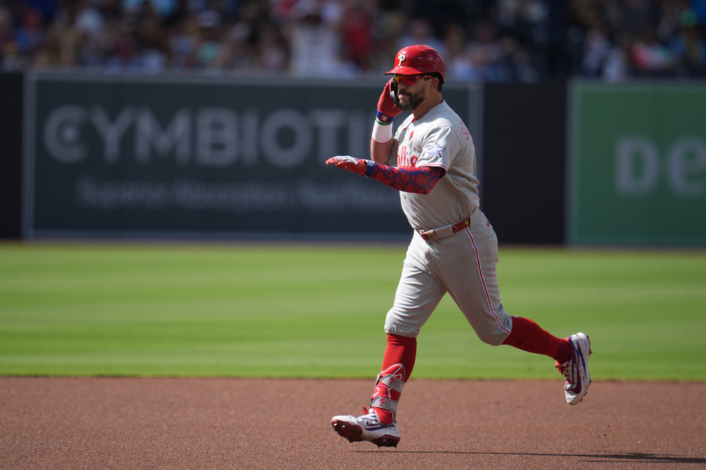 Philadelphia Phillies' Kyle Schwarber celebrates after hitting a home run during the first inning of a baseball game against the San Diego Padres Monday, May 25, 2026, in San Diego. (AP Photo/Gregory Bull)