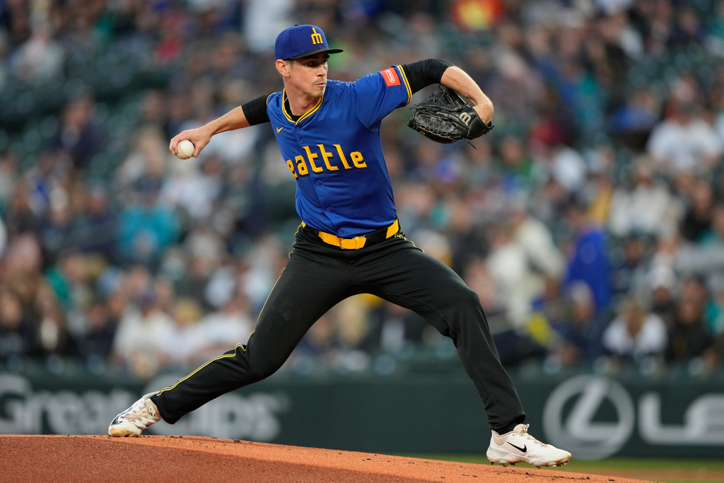 Seattle Mariners starting pitcher Emerson Hancock throws during the first inning of a baseball game against the Colorado Rockies, Thursday, Sept. 25, 2025, in Seattle. (AP Photo/Ryan Sun)