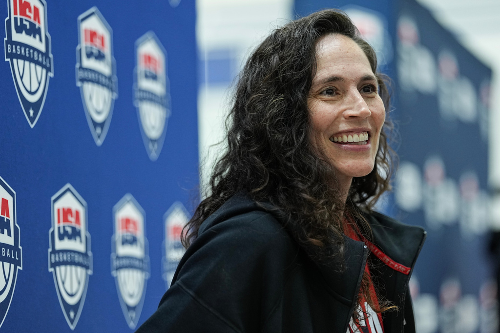FILE - Managing director Sue Bird speaks with the media after a training camp for the U.S women's national basketball team, Friday, Dec. 12, 2025, in Durham, N.C. (AP Photo/Matt Kelley, File)