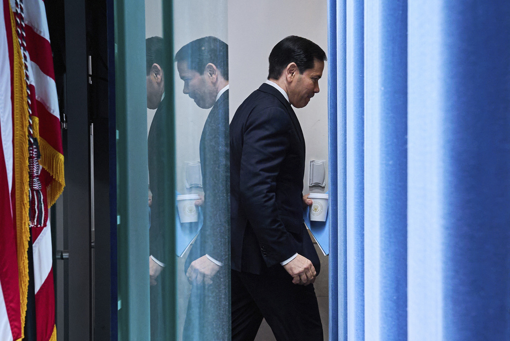 Secretary of State Marco Rubio leaves the room after speaking to the media in the James Brady Press Briefing Room of the White House, Tuesday, May 5, 2026, in Washington. (AP Photo/Jacquelyn Martin)