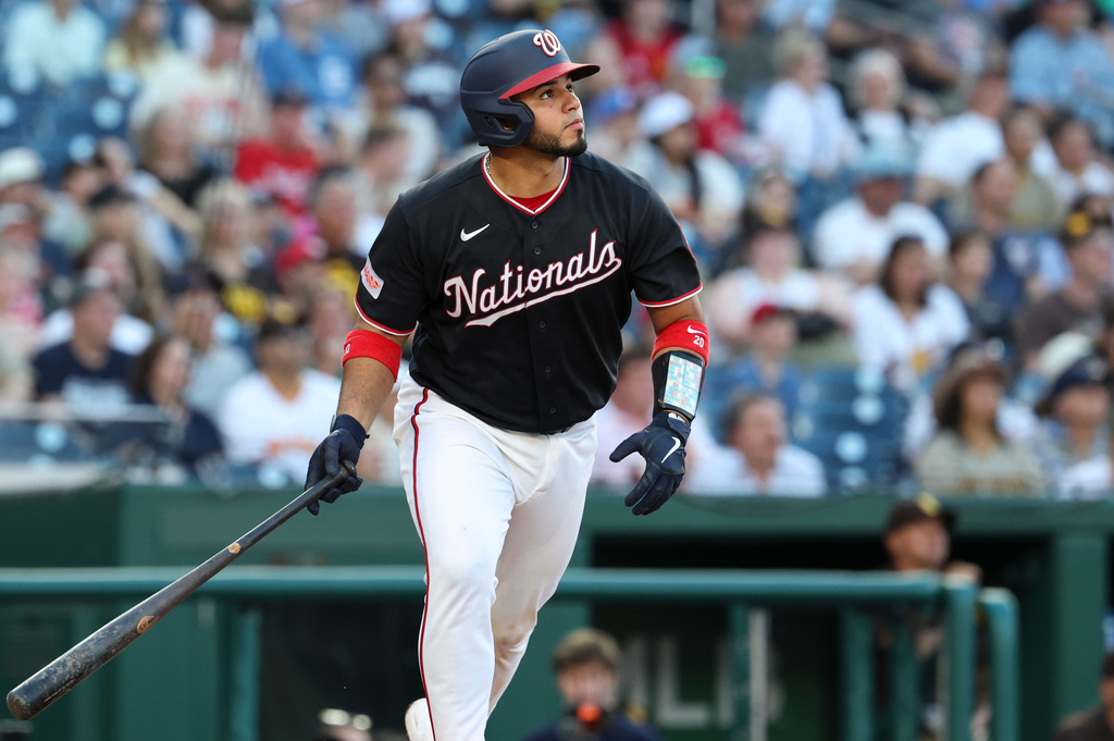 Washington Nationals' Keibert Ruiz watches his home run off San Diego Padres pitcher Lucas Giolito during the second inning of a baseball game, Friday, May 29, 2026, in Washington. (AP Photo/Terrance Williams)