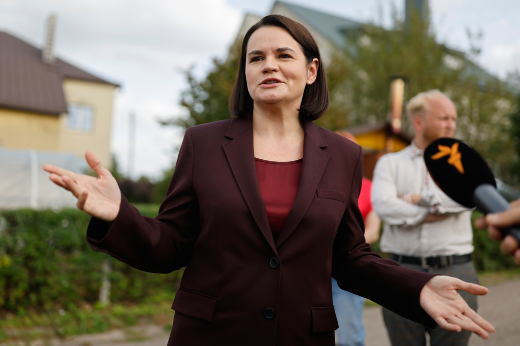 Belarus' opposition politician Sviatlana Tsikhanouskaya gestures as she speaks to the media while waiting to meet the released Belarusian prisoners in Vilnius, Lithuania, Wednesday, Sept. 16, 2026. (AP Photo/Mindaugas Kulbis)