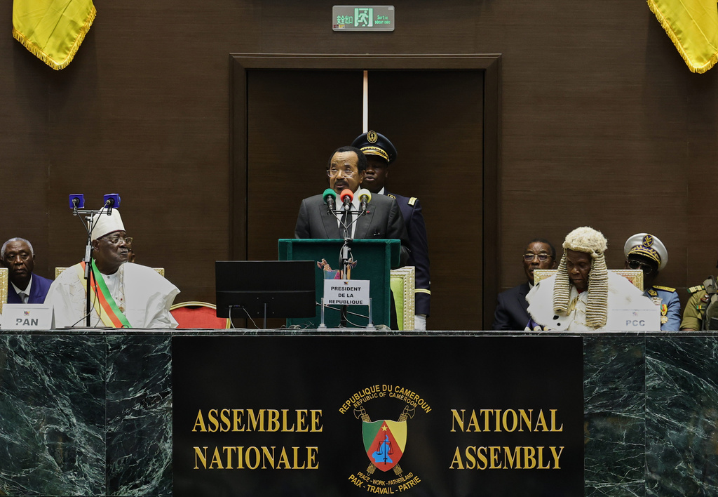 Cameroonian President Paul Biya, front center, delivers his inaugural address after being sworn in for a new term at the National Assembly in Yaounde, Cameroon, Thursday, Nov. 6, 2025. (AP Photo/Angel Ngwe)