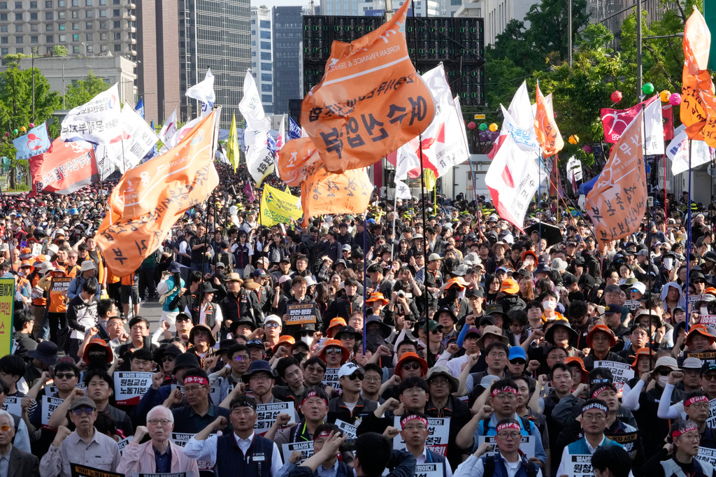 Members of the Korean Confederation of Trade Unions stage a rally on May Day in Seoul, South Korea, Friday, May 1, 2026. (AP Photo/Ahn Young-joon)