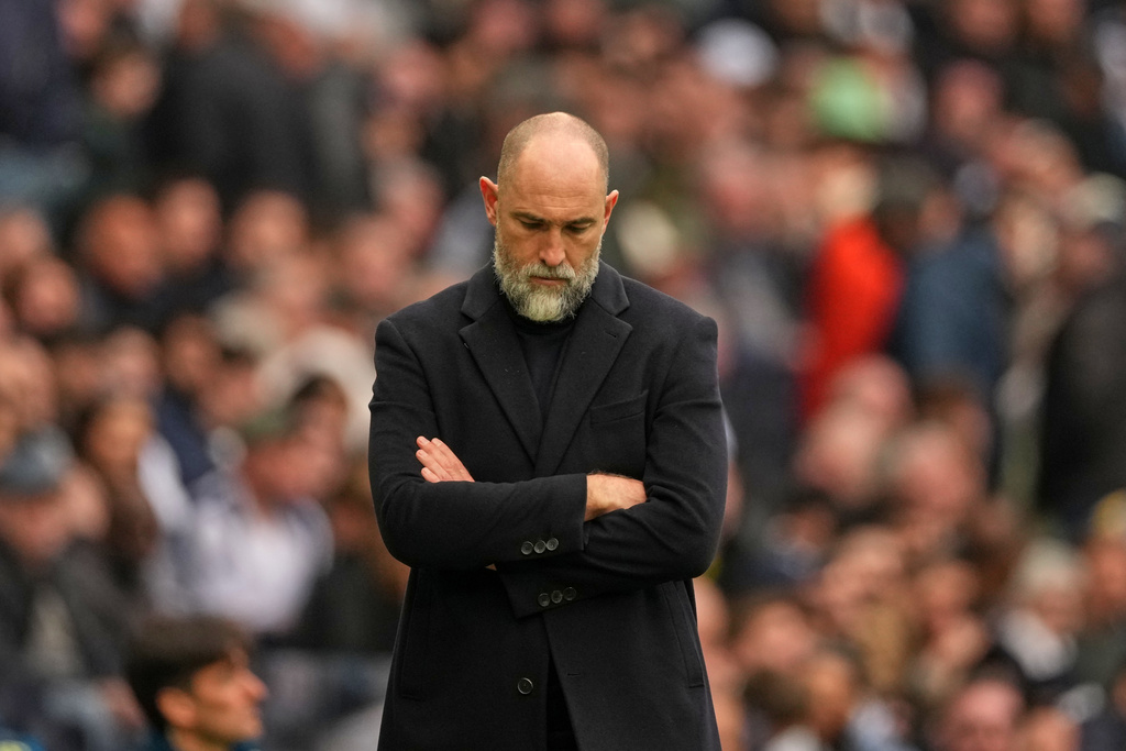 Tottenham's coach Igor Tudor reacts during the English Premier League soccer match between Tottenham Hotspur and Nottingham Forest in London, Sunday, March 22, 2026. (AP Photo/Dave Shopland)