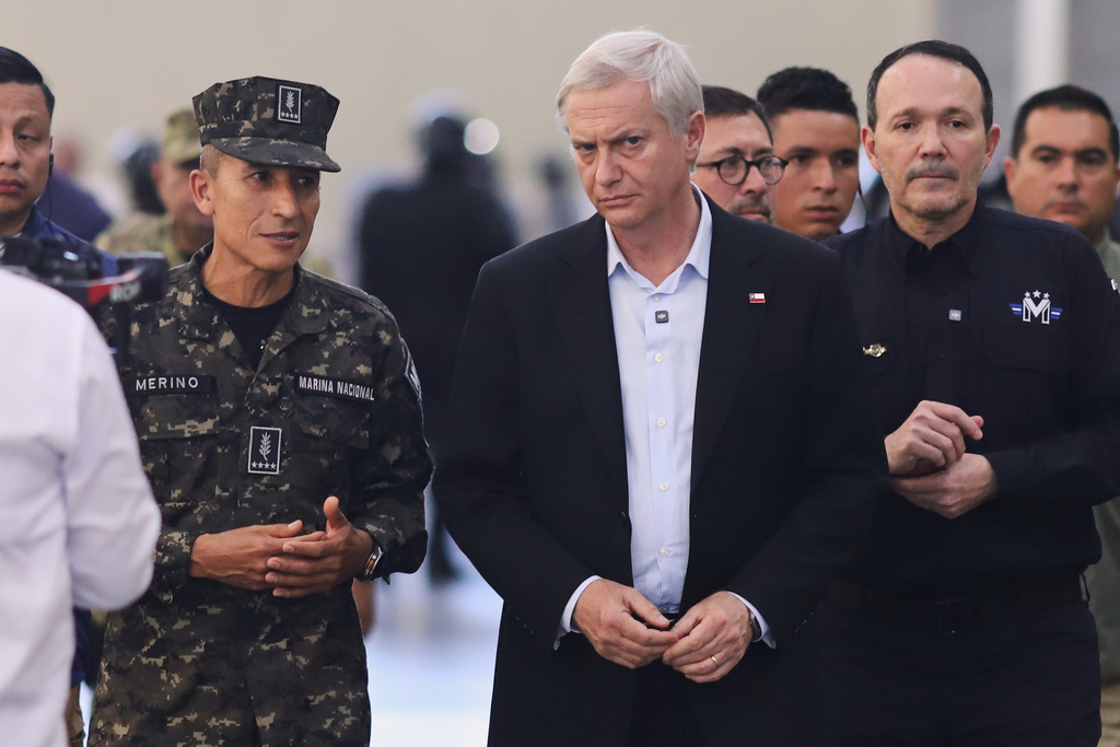 Chile's President-elect Jose Antonio Kast is given a tour of the mega prison known as Detention Center Against Terrorism (CECOT) in Tecololuca, El Salvador, Friday, Jan. 30, 2026. (AP Photo/Salvador Melendez)